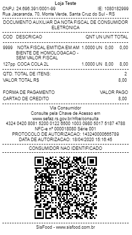 Exemplo de NFC-e Nota Fiscal do Consumidor